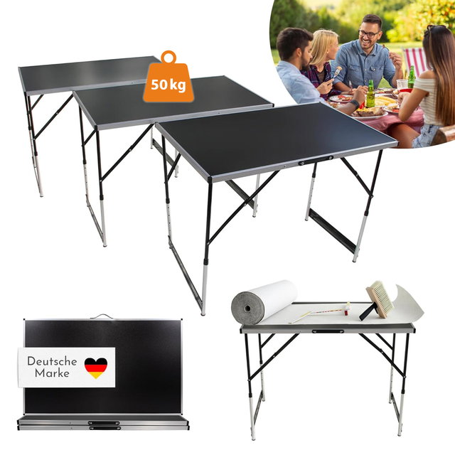 Premium Tapeziertisch schwarz höhenverstellbar, mit verstärkter Tischplatte, Arbeitstisch 3-teilig Premium Tapeziertisch schwarz höhenverstellbar, mit verstärkter Tischplatte, Arbeitstisch 3-teilig